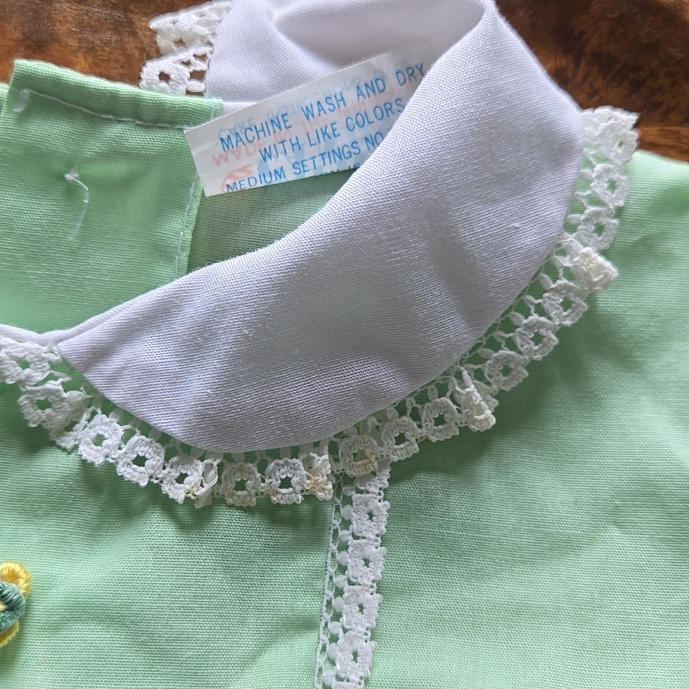 Vintage Green Rosette Lace Trim cotton candy dress 0/3/6 Mo 70s Summer Cottage